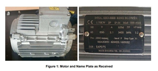 Motor blower 1,75KW SEO-HEE Universal Energy Resources dan nameplate saat diterima