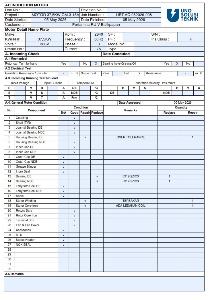 Incoming inspection report Motor 18,5KW REA Kaltim