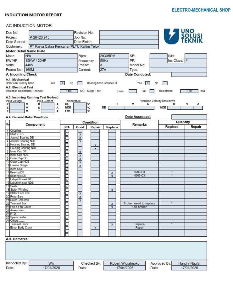 Summary incoming check motor 15KW PLTU Kaltim Teluk