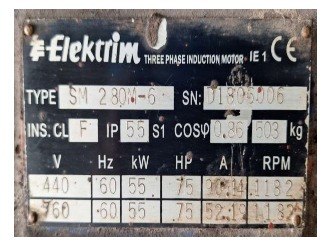 Nameplate motor 55KW Elektrim PT. Rea Kalimantan Timur